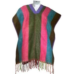 Vintage Mexican Wool Poncho Striped Boho Festival Coastal Cowgirl Fringe